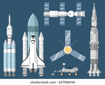 Astronautics And Space Technology Isolated Set Space Shuttle Cosmic Rocket Spaceship Orbital Satellite Mars Rover Space Station Vector Illustration Spacecraft Collection In Flat Design