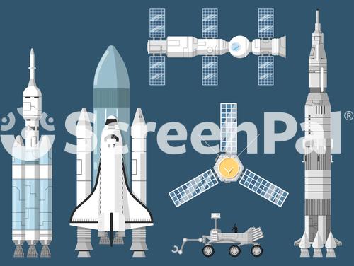 Astronautics And Space Technology Isolated Set Space Shuttle Cosmic Rocket Spaceship Orbital Satellite Mars Rover Space Station Vector Illustration Spacecraft Collection In Flat Design