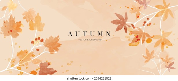 Autumn Background Vector Hand Painted Watercolor And Gold Brush Texture Flower And Botanical Leaves Hand Drawing Abstract Art Design For Wallpaper Wall Arts Cover Wedding And  Invite Card  