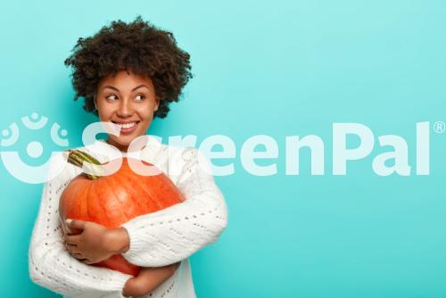 Horizontal Shot Of Glad Dark Skinned Female Has Afro Haircut Holds Big Pumpkin Uses Healthy Product For Preparing Organic Meal Looks Happily Away Dressed In Sweater Models Over Blue Background