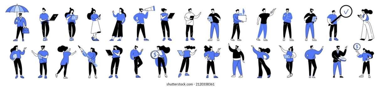 Linear Vector Illustration Set Of Business People In Work Process Men And Women Thinking About Problem Solution Showing A Plan Pointing Explaining The Presentation Searching For Strategic Data