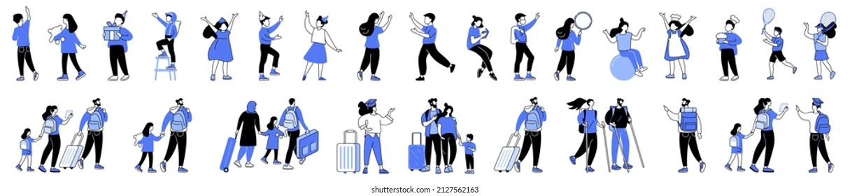 Linear Vector Isolated Illustration Set Of Kids And Travel Characters Happy Family Traveling Dancing Children Child In A Medical Mask Give A Gift Cook Food Have Fun At The Party Play Tennis