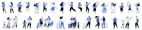 Linear Vector Isolated Illustration Set Of Kids And Travel Characters Happy Family Traveling Dancing Children Child In A Medical Mask Give A Gift Cook Food Have Fun At The Party Play Tennis