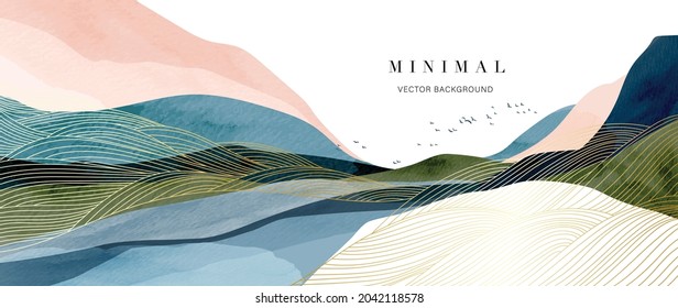 Mountain Background Vector Minimal Landscape Art With Watercolor Brush And Golden Line Art Texture Abstract Art Wallpaper For Prints Art Decoration Wall Arts And Canvas Prints 