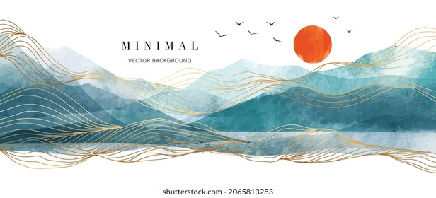 Mountain Background Vector Minimal Landscape Art With Watercolor Brush And Golden Line Art Texture Abstract Art Wallpaper For Prints Art Decoration Wall Arts And Canvas Prints 