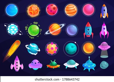 Space Object Alien Planet UFO Spaceship Astronaut Rocket And Missile Cosmic Object Vector Icon Fantasy Space Set Isolated On Dark Background Astronomy And Outer Space Exploration Illustration