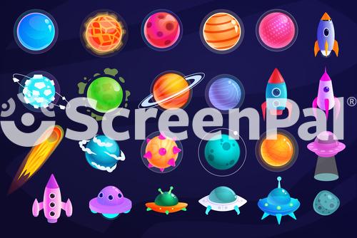 Space Object Alien Planet UFO Spaceship Astronaut Rocket And Missile Cosmic Object Vector Icon Fantasy Space Set Isolated On Dark Background Astronomy And Outer Space Exploration Illustration