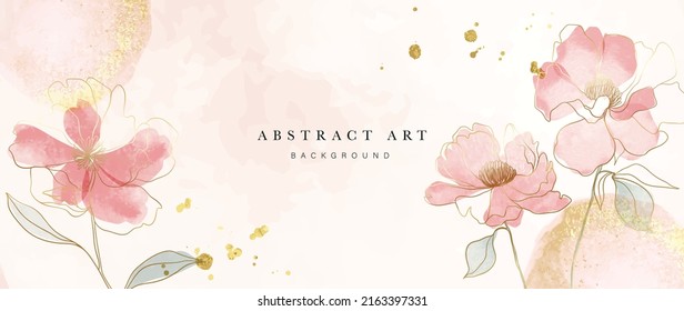 Spring Floral In Watercolor Vector Background Luxury Wallpaper Design With Pink Flowers Line Art Golden Texture Elegant Gold Blossom Flowers Illustration Suitable For Fabric Prints Cover