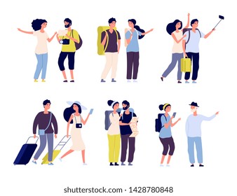 Tourist Characters Young Couple Family Tourists Travelling With Backpacks And Bags Suitcases Summer Vacation People Isolated Vector Illustration Of Summer Tourist Character Woman And Man