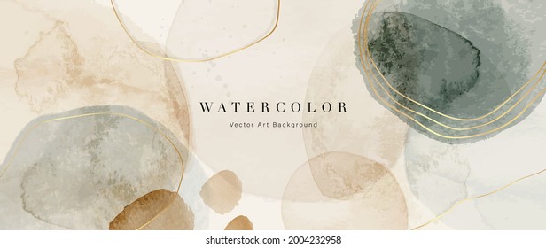 Watercolor Art Background Vector Wallpaper Design With Paint Brush And Gold Line Art Earth Tone Blue Pink Ivory Beige Watercolor Illustration For Prints Wall Art Cover And Invitation Cards