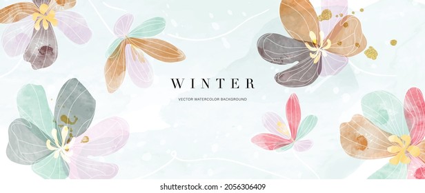 Watercolor Art Background Vector Wallpaper Design With Winter Flower Paint Brush Line Art Earth Tone Blue Pink Ivory Beige Watercolor Illustration For Prints Wall Art Cover And Invitation