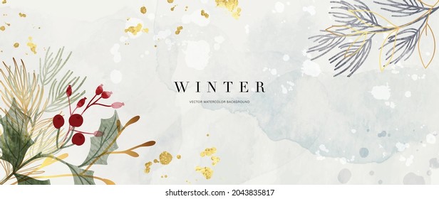 Winter Background Design  With Watercolor Brush Texture Flower And Botanical Leaves Watercolor Hand Drawing Abstract Art Wallpaper Design For Wall Arts Wedding And VIP Invite Card  Vector EPS10