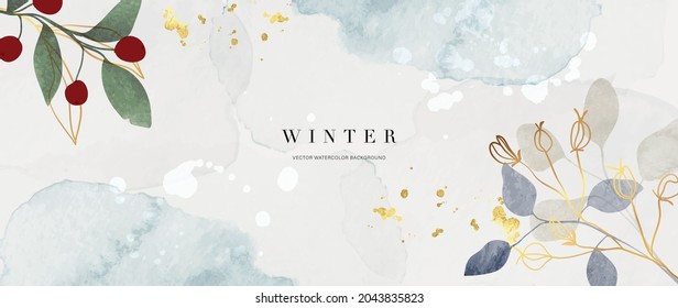 Winter Background Design  With Watercolor Brush Texture Flower And Botanical Leaves Watercolor Hand Drawing Abstract Art Wallpaper Design For Wall Arts Wedding And VIP Invite Card  Vector EPS10