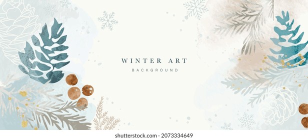 Winter Background Vector Hand Painted Watercolor And Gold Brush Texture Flower And Botanical Leaves Hand Drawing Abstract Art Design For Wallpaper Wall Arts Cover Wedding And  Invite Card  