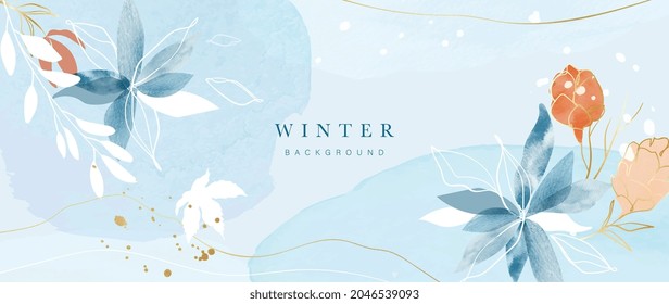 Winter Background Vector Hand Painted Watercolor And Gold Brush Texture Flower And Botanical Leaves Hand Drawing Abstract Art Design For Wallpaper Wall Arts Cover Wedding And  Invite Card 