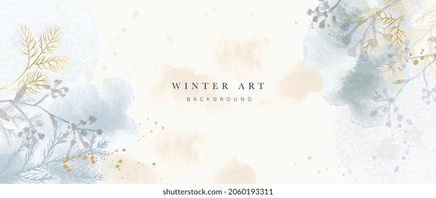 Winter Background Vector Hand Painted Watercolor And Gold Brush Texture Flower And Botanical Leaves Hand Drawing Abstract Art Design For Wallpaper Wall Arts Cover Wedding And  Invite Card 