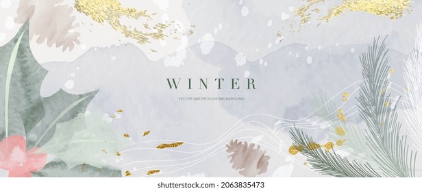 Winter Background Vector Hand Painted Watercolor And Gold Brush Texture Flower And Botanical Leaves Hand Drawing Abstract Art Design For Wallpaper Wall Arts Cover Wedding And Invite Card