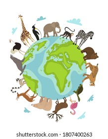 World Animal Day Vector Earth Globe Planet And Wild Animal Around On White Wildlife Sanctuary Shelter Promotion Worldwide Continent Fauna Saving From Extinction World Environment Day Illustration