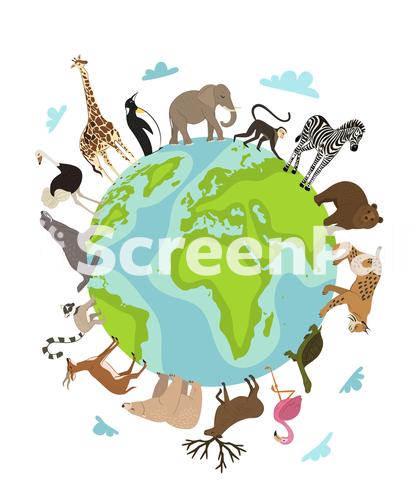 World Animal Day Vector Earth Globe Planet And Wild Animal Around On White Wildlife Sanctuary Shelter Promotion Worldwide Continent Fauna Saving From Extinction World Environment Day Illustration