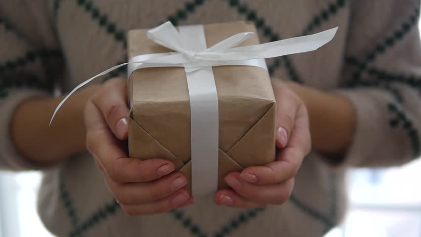 Young Girl Gives A Gift Gift Box Congratulate Happy New Year Merry Christmas Happy Valentines Day Presents Gifts