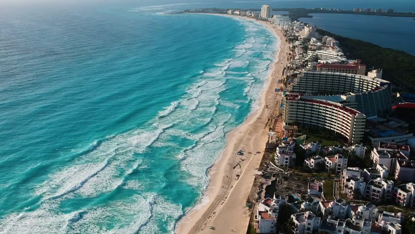 Aerial View Of Cancun Caribbean Sea The Drone Is Flying Upward