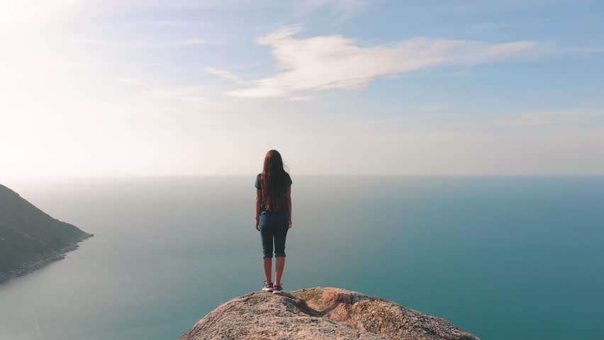 Woman Traveller With Arms Raised On Top Of Mountain Looking At View Hiker Girl Lifting Arm Up Celebrating Scenic Landscape Enjoying Vacation Travel Adventure Nature Thailand Asian Girl