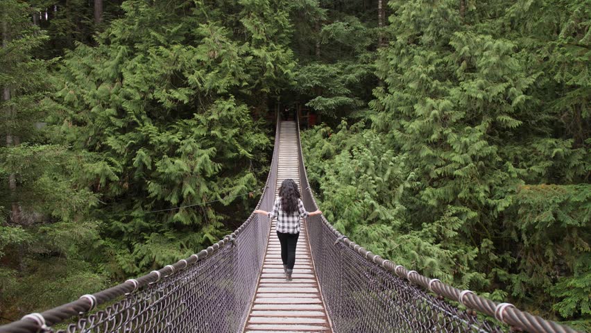 Woman Walking Along Suspension Bridge Alone In Picturesque Green Forest Setting Lynn Canyon Vancouver British Columbia Canada Surround By Rich Green Trees