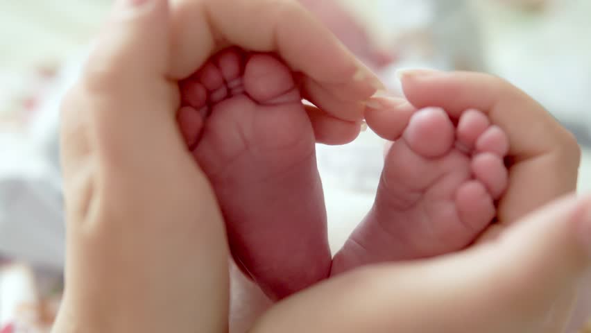 Baby Feet In Mother Hands Tiny Newborn Babys Feet On Female Heart Shaped Hands Closeup Mom And Her Child Happy Family Concept Beautiful Conceptual Video Of Maternity