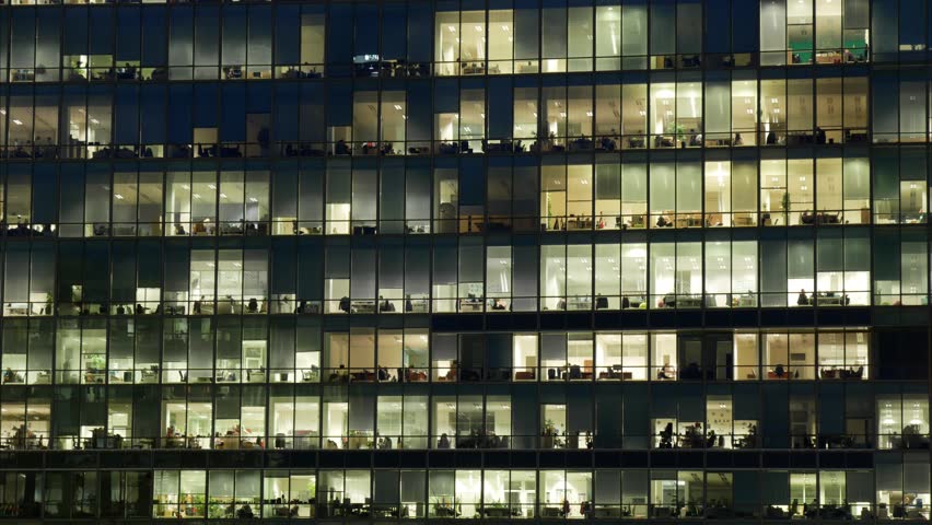 Timelapse Of A Huge Corporate Office Building At Night