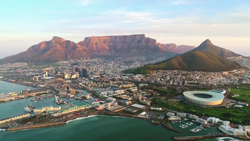 Aerial View Flying Towards The City Of Cape Town With Table Mountain As A Backdrop