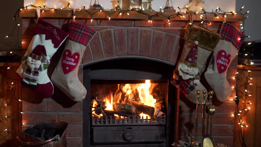 Christmas Fireplace Stockings Hanging With Presents Cozy Lounge With Log Fire