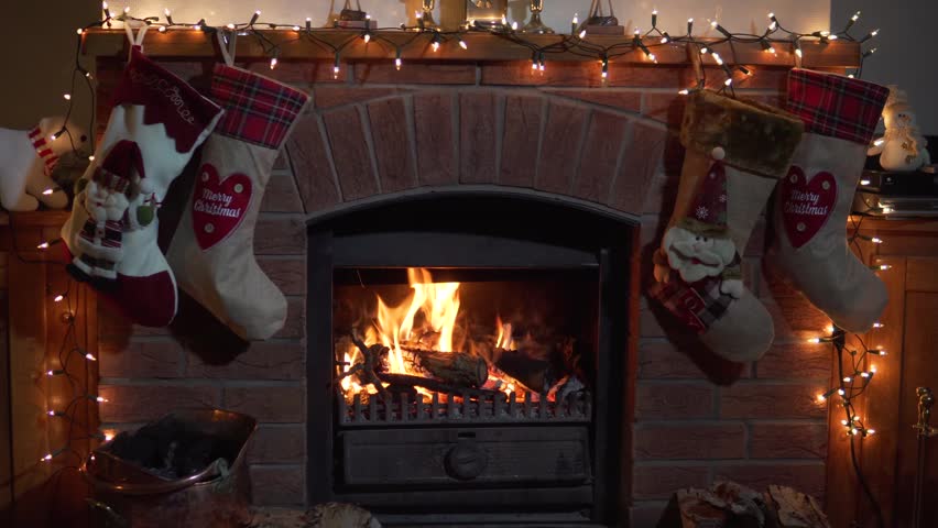 Christmas Fireplace Stockings Hanging With Presents Cozy Lounge With Log Fire