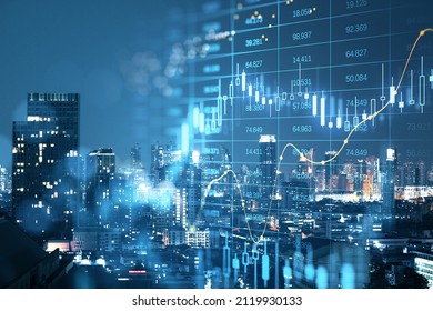 Abstract Glowing Big Data Forex Candlestick Chart On Blurry City Backdrop Trade Technology Investment And Analysis Concept Double Exposure