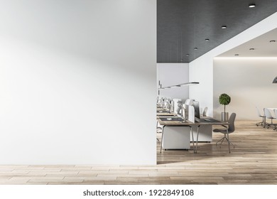 Blank Light Grey Wall In Sunny Open Space Office With Wooden Floor And Eco Style Furniture Mockup 3D Rendering