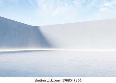 Blank Open Air Presentation Stage With Glowing Light Between Fence And Floor And Blue Sky On Background 3D Rendering Mock Up