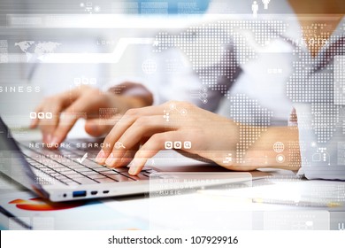 Business Person Working On Computer Against Technology Background