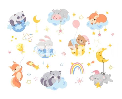 Cartoon Animal Sleep Baby Cute Animals Sleeping And Hugging Cloud Moon Planet Wizard Forest Characters Child Room Funny Decor Night Dream Nowaday Vector Bundle