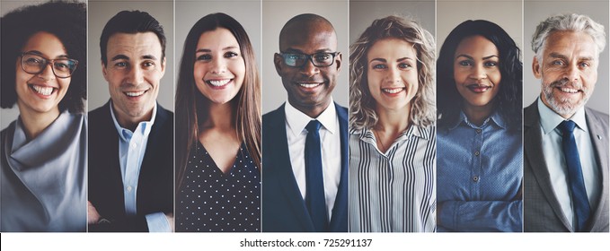 Collage Of Portraits Of An Ethnically Diverse And Mixed Age Group Of Focused Business Professionals