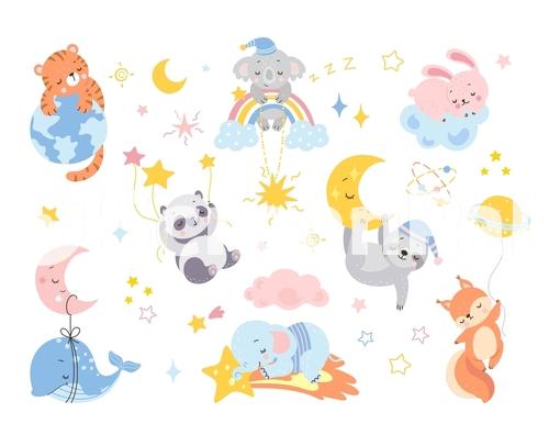 Cute Sleeping Animals Cartoon Sleep Characters On Moon And Rainbow Baby Panda Rabbit On Cloud And Fox Funny Newborn Shower Party Nowaday Vector Stickers