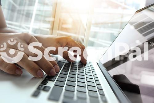 Double Exposure Of Business Man Hand Working On Blank Screen Laptop Computer On Wooden Desk As Concept