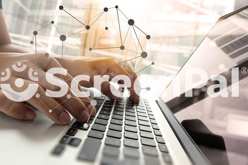 Double Exposure Of Business Man Hand Working On Blank Screen Laptop Computer On Wooden Desk As Concept With Social Media Diagram  