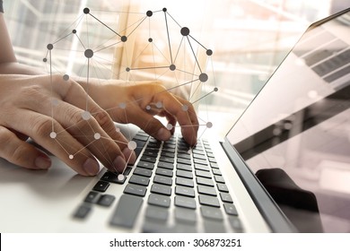 Double Exposure Of Business Man Hand Working On Blank Screen Laptop Computer On Wooden Desk As Concept With Social Media Diagram  