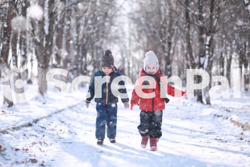 Kids Walk In The Park With First Snow