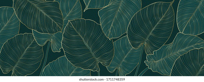 Luxury Gold And Nature Green Background Vector Floral Pattern Golden Split Leaf Philodendron Plant With Monstera Plant Line Arts Vector Illustration