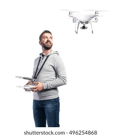 Man With Flying Drone Studio Shot On White Background Isolated