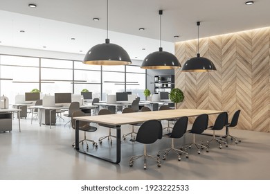 Modern Eco Style Interior In Open Space Office With Big Windows Wooden Wall And Conference Table And Concrete Floor 3D Rendering