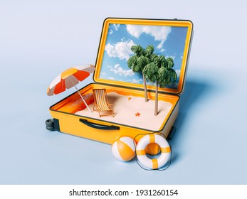 Paradise Beach In Travel Suitcase Summer Vacation Concept 3d Illustration