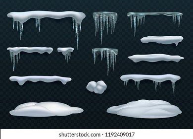 Snow Elements Snowball And Snowdrift Icicles And Snowcap Borders Isolated Winter Vector Set Illustration Of Snowball Effect Frost Snowcap