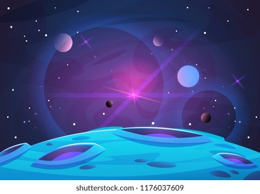 Space And Planet Background Planets Surface With Craters Stars And Comets In Dark Space Vector Illustration Space Sky With Planet And Satellite