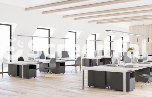 Spacious Modern Coworking Office With Eco Style Furniture Wooden Floor And Comfortable Workplaces 3D Rendering